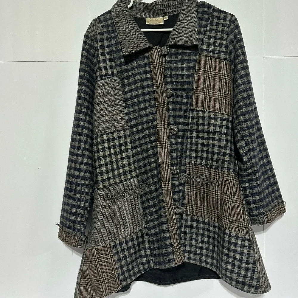 Paper Lace Wool Blend Plaid Patchwork Women's Jacket - Picture 2 of 12